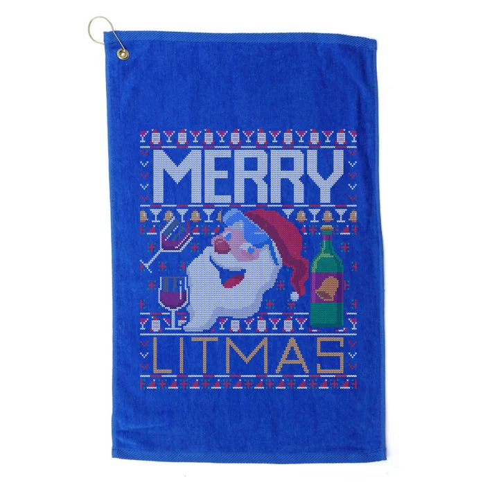 Merry Litmas Lit Santa Claus Wine Ugly Christmas Sweater Gift Platinum Collection Golf Towel