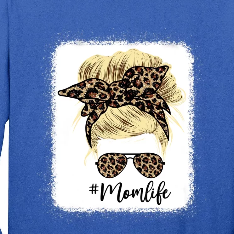 Mom Life Leopard Blank Messy Bun Blonde Hair Funny Gift Tall Long Sleeve T-Shirt