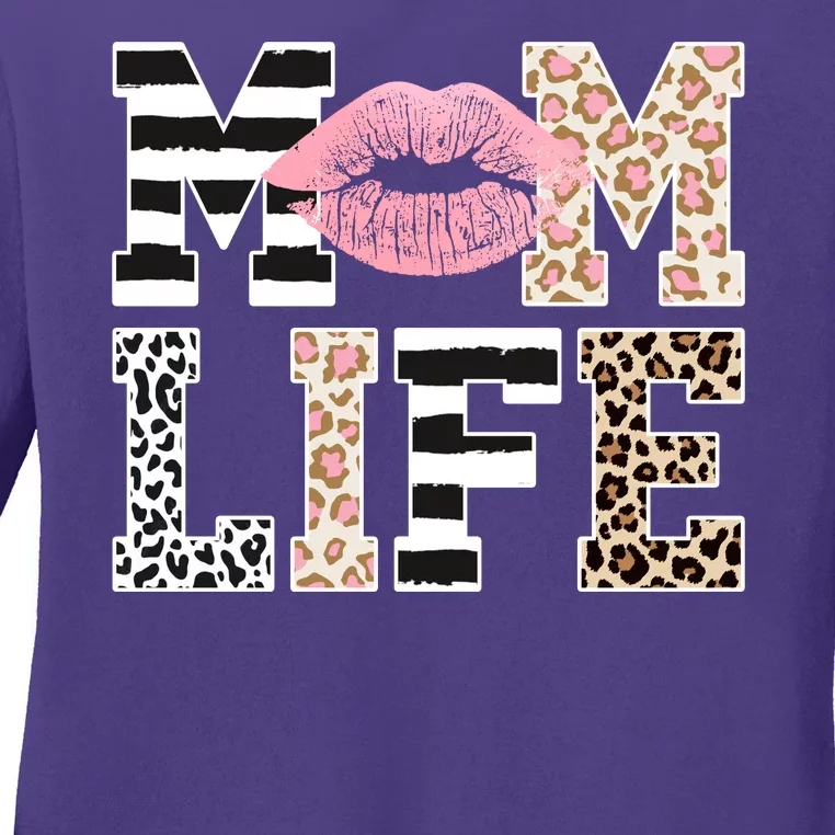 Mom Life Leopard Lips Ladies Long Sleeve Shirt