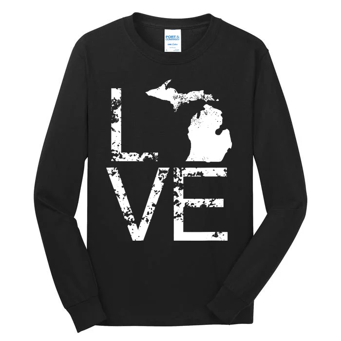 Michigan Love Mi State Home Pride Map Distressed Tall Long Sleeve T-Shirt