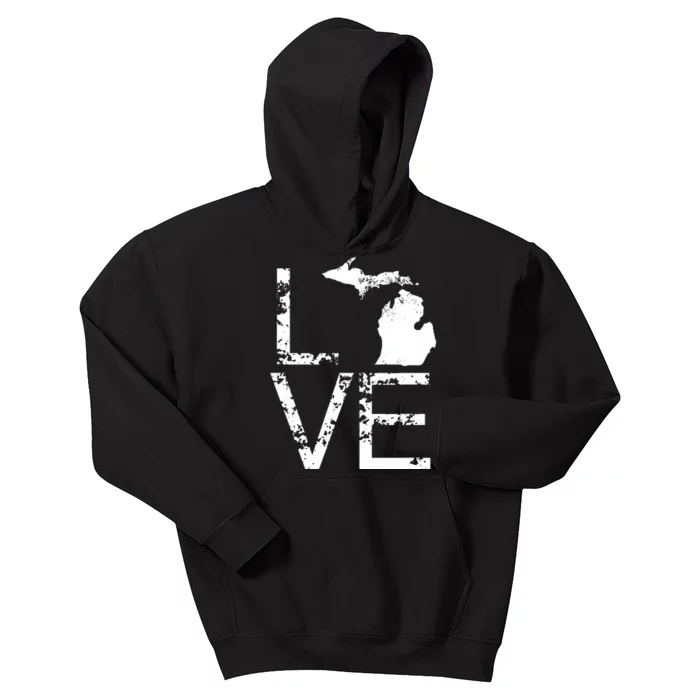 Michigan Love Mi State Home Pride Map Distressed Kids Hoodie