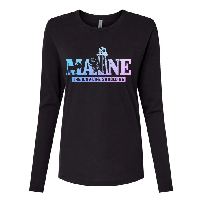 Maine Lighthouse Moose Lobster Pride Vintage Souvenir Womens Cotton Relaxed Long Sleeve T-Shirt