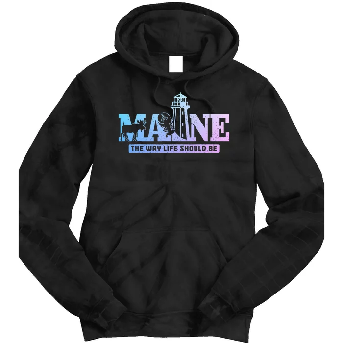 Maine Lighthouse Moose Lobster Pride Vintage Souvenir Tie Dye Hoodie