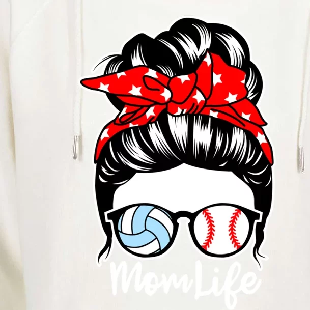 Mom Life Messy Bun Hair Baseball Volleyball Player Mom Gift Womens Funnel Neck Pullover Hood