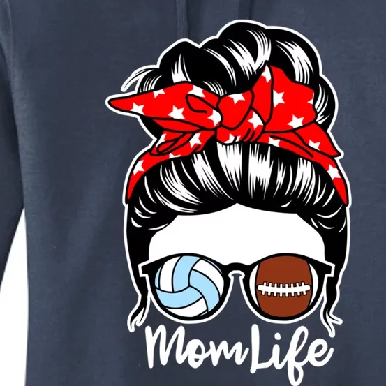 Mom Life Messy Bun Hair Football Volleyball Player Mom Gift Women's Pullover Hoodie