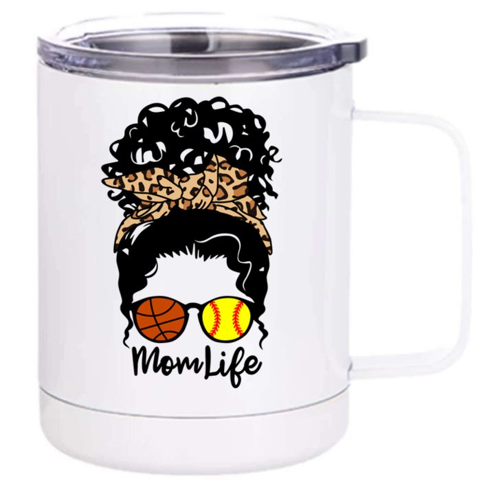 Mom Life Messy Bun Curly Hair Softball Basketball Player Mom Cool Gift Front & Back 12oz Stainless Steel Tumbler Cup