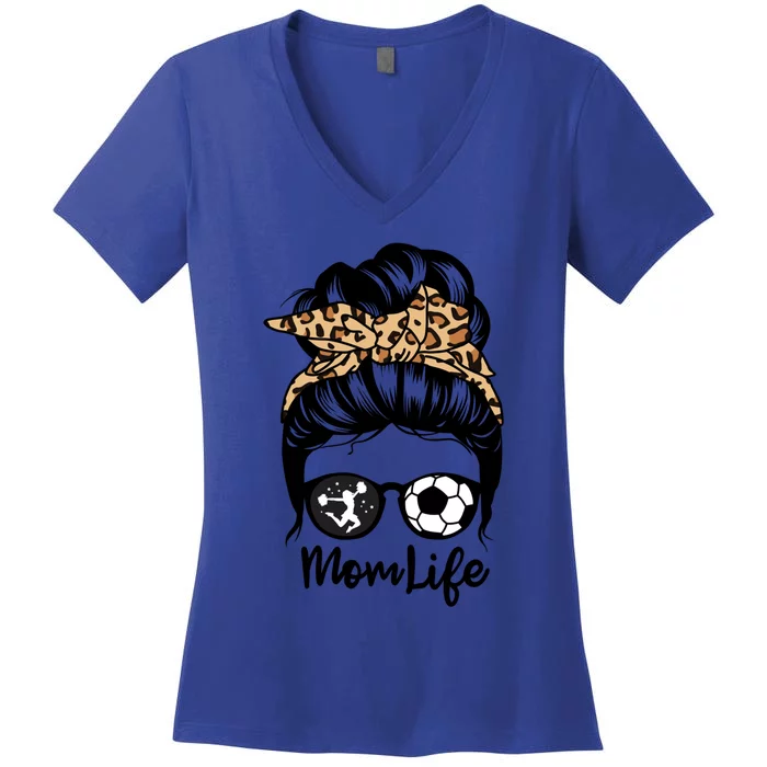 Mom Life Messy Bun Hair Funny Soccer Cheer Mom Gift Women's V-Neck T-Shirt