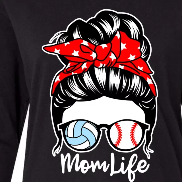 Mom Life Messy Bun Hair Baseball Volleyball Player Mom Gift Womens Cotton Relaxed Long Sleeve T-Shirt