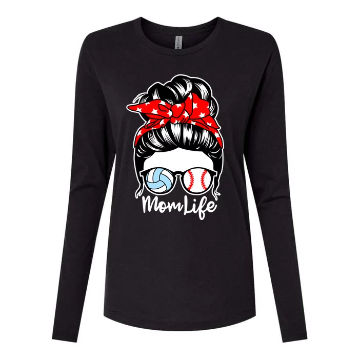 Mom Life Messy Bun Hair Baseball Volleyball Player Mom Gift Womens Cotton Relaxed Long Sleeve T-Shirt