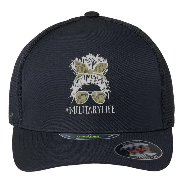 Military Life Messy Bun Wife Flexfit Unipanel Trucker Cap