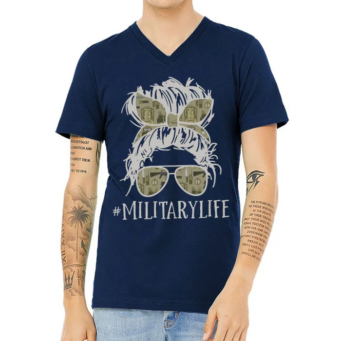 Military Life Messy Bun Wife V-Neck T-Shirt