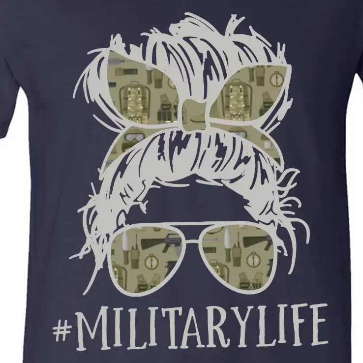 Military Life Messy Bun Wife V-Neck T-Shirt