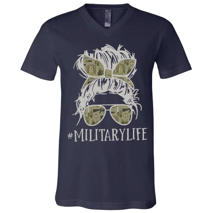 Military Life Messy Bun Wife V-Neck T-Shirt