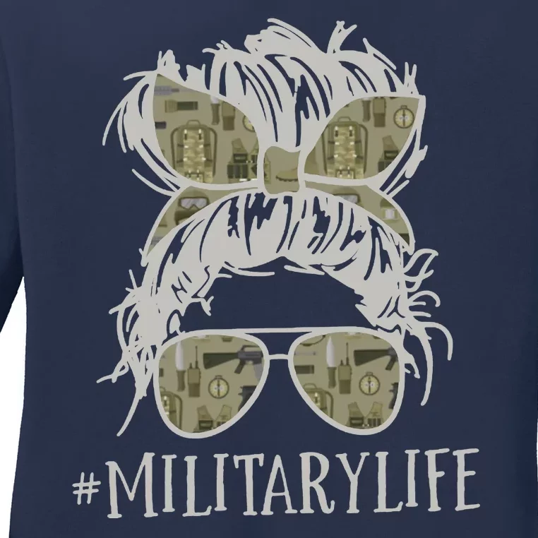 Military Life Messy Bun Wife Ladies Long Sleeve Shirt