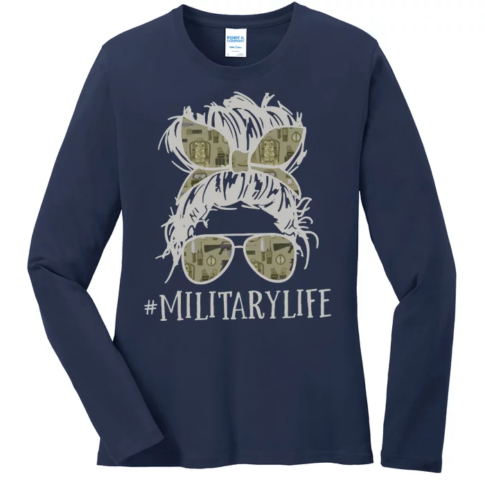 Military Life Messy Bun Wife Ladies Long Sleeve Shirt