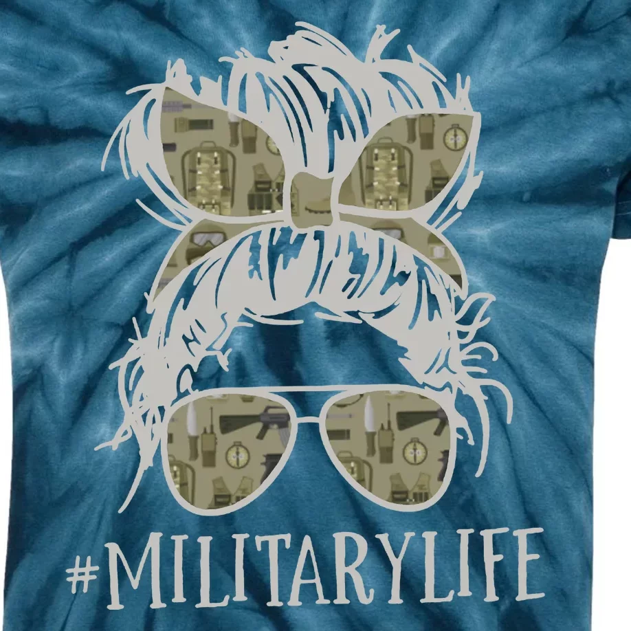 Military Life Messy Bun Wife Kids Tie-Dye T-Shirt