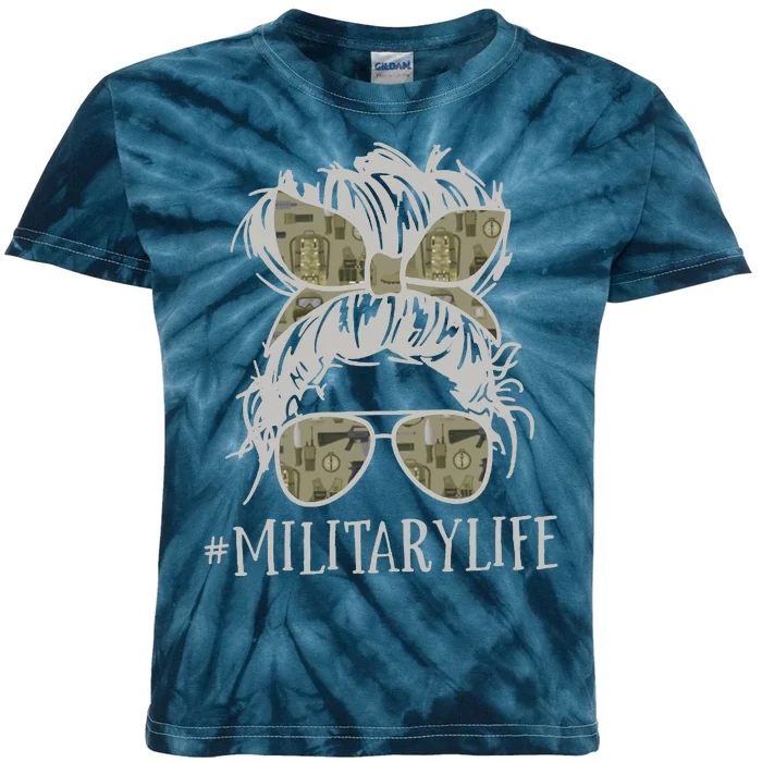 Military Life Messy Bun Wife Kids Tie-Dye T-Shirt