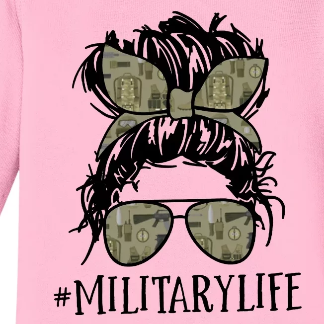 Military Life Messy Bun Wife Baby Long Sleeve Bodysuit