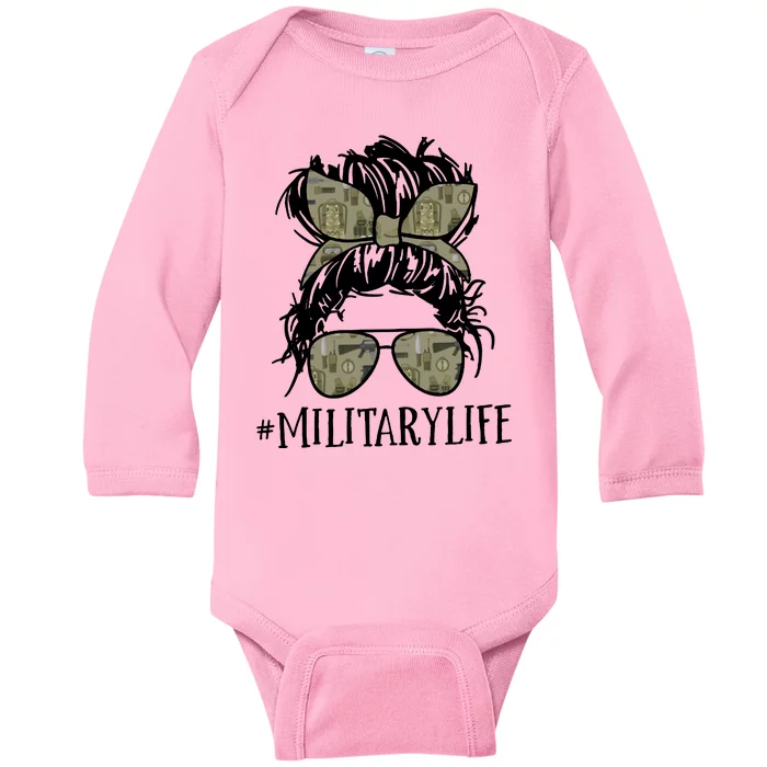 Military Life Messy Bun Wife Baby Long Sleeve Bodysuit