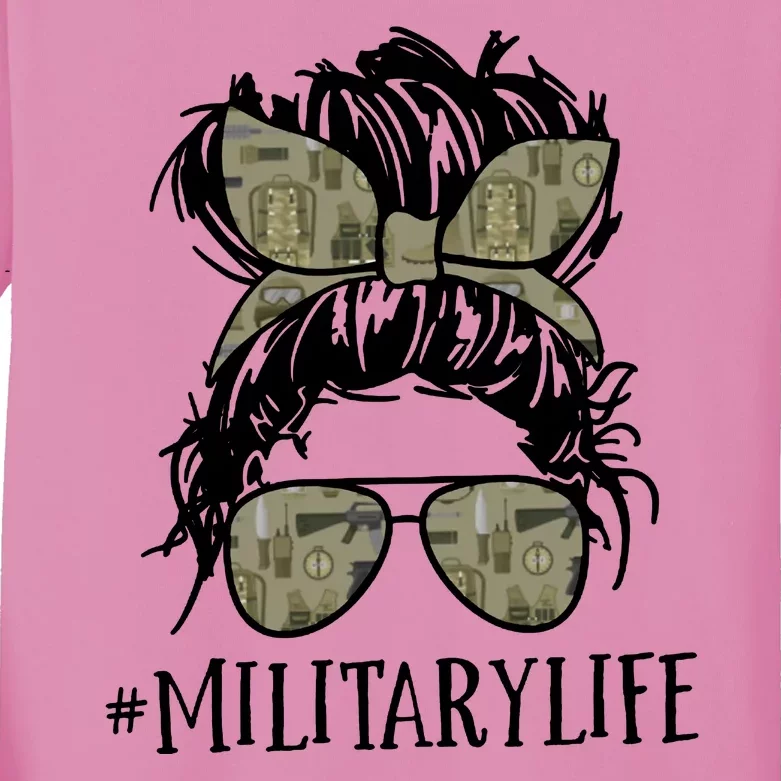 Military Life Messy Bun Wife Kids Long Sleeve Shirt