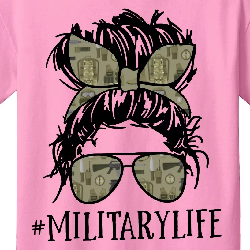 Military Life Messy Bun Wife Kids T-Shirt