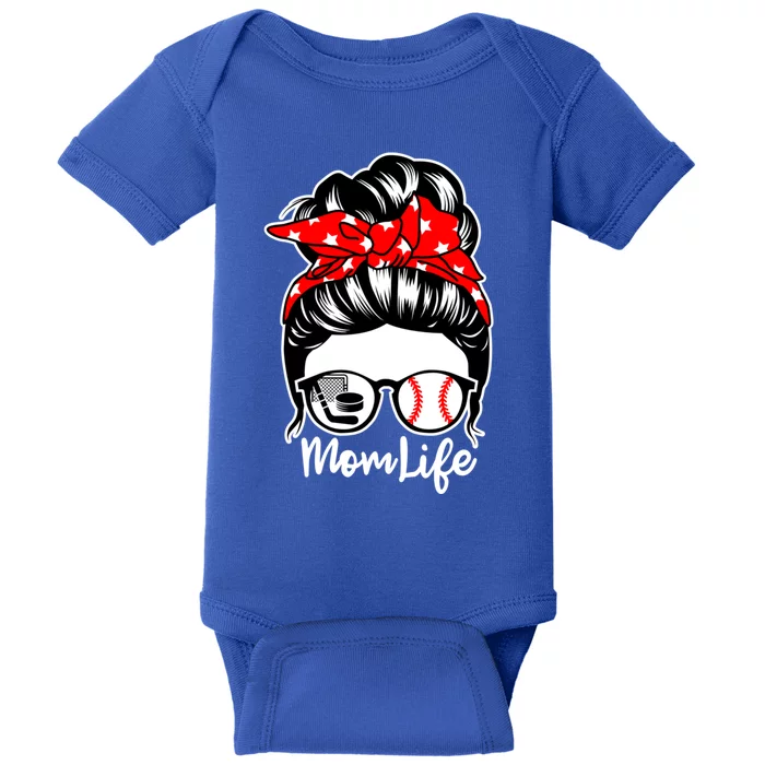 Mom Life Messy Bun Hair Baseball Hockey Player Mom Great Gift Baby Bodysuit