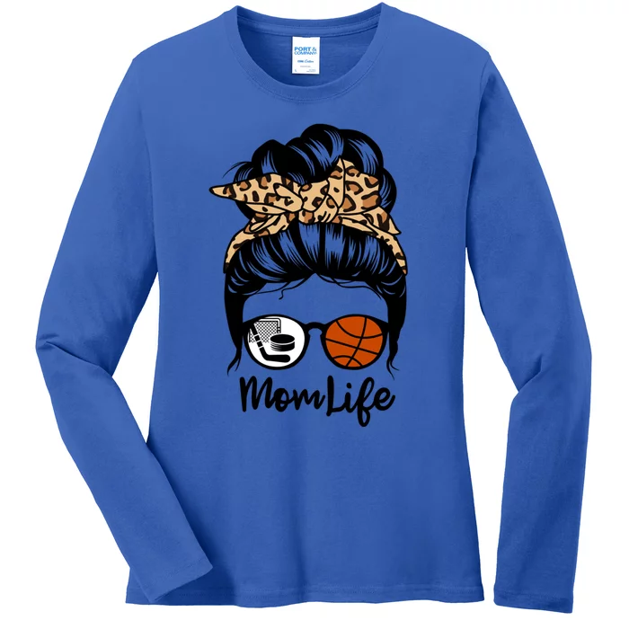 Mom Life Messy Bun Hair Funny Basketball Hockey Player Mom Gift Ladies Long Sleeve Shirt