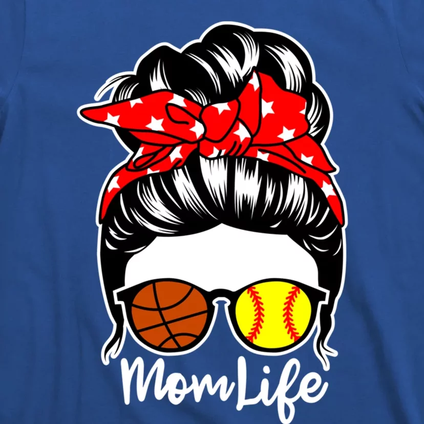 Mom Life Messy Bun Hair Softball Basketball Player Mom Funny Gift T-Shirt