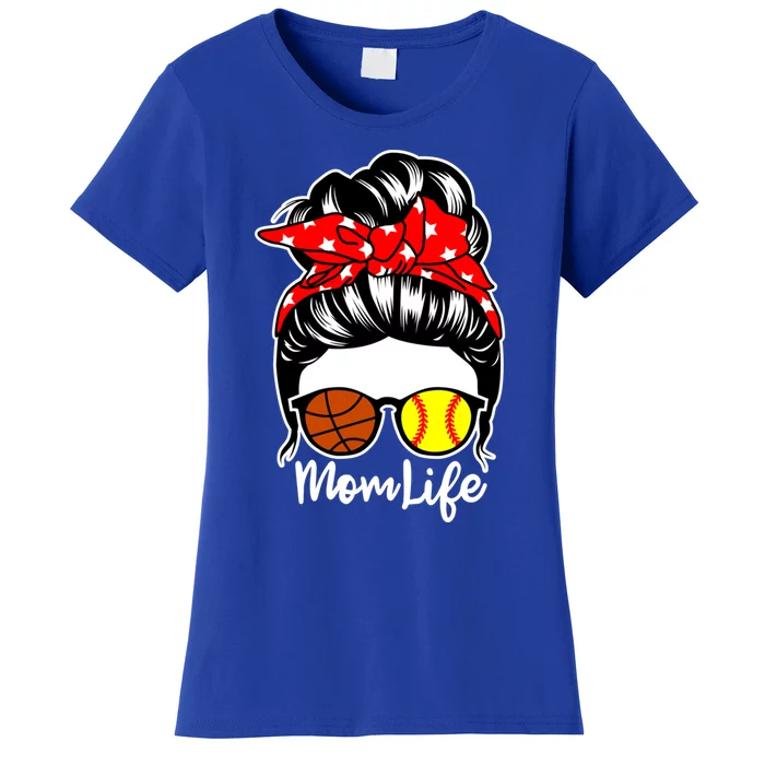 Mom Life Messy Bun Hair Softball Basketball Player Mom Funny Gift Women's T-Shirt