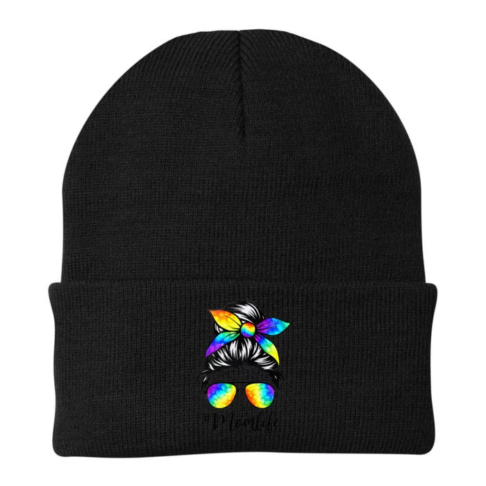 Mom Life Messy Hair Bun Tie Dye  Mother's Day Funny Tee Knit Cap Winter Beanie