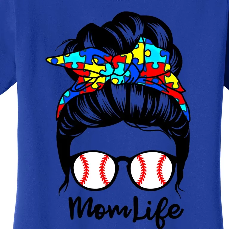 Mom Life Messy Bun Hair Autism Baseball Funny Autism Meaningful Gift Women's T-Shirt