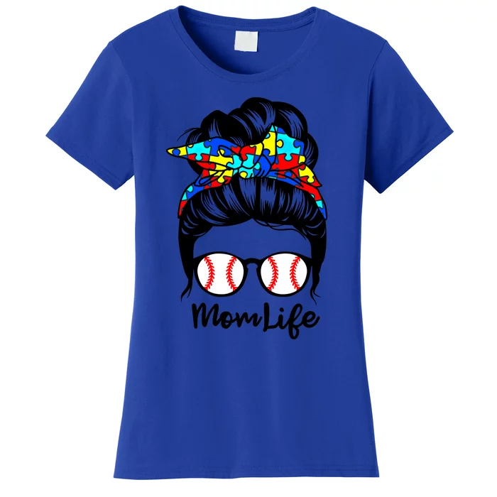 Mom Life Messy Bun Hair Autism Baseball Funny Autism Meaningful Gift Women's T-Shirt