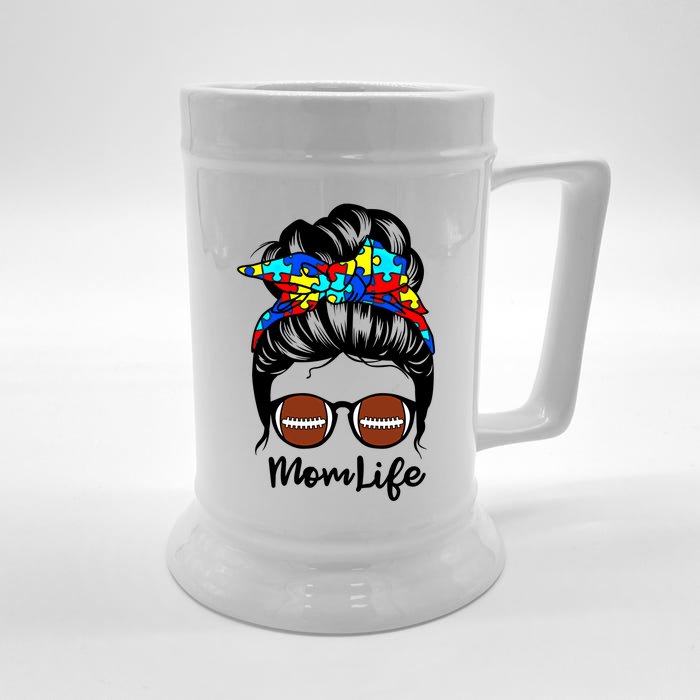 Mom Life Messy Bun Hair Autism Football Funny Autism Gift Front & Back Beer Stein