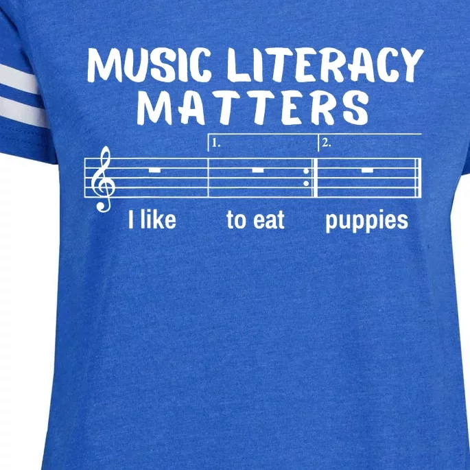 Music Literacy Matters I Like To Eat Puppies Funny Enza Ladies Jersey Football T-Shirt