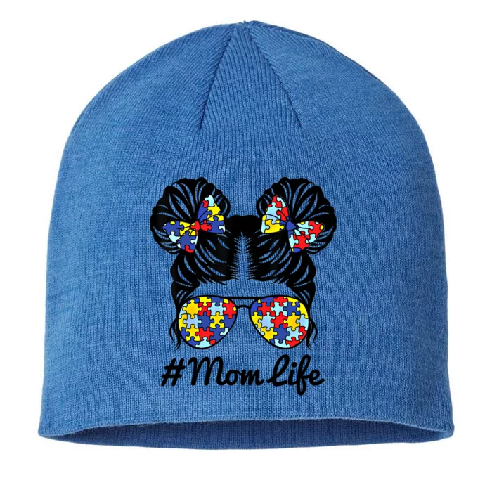 Mom Life Messy Bun Hair Puzzle Pieces Autism Awareness Gift 8 1/2in Sustainable Knit Beanie