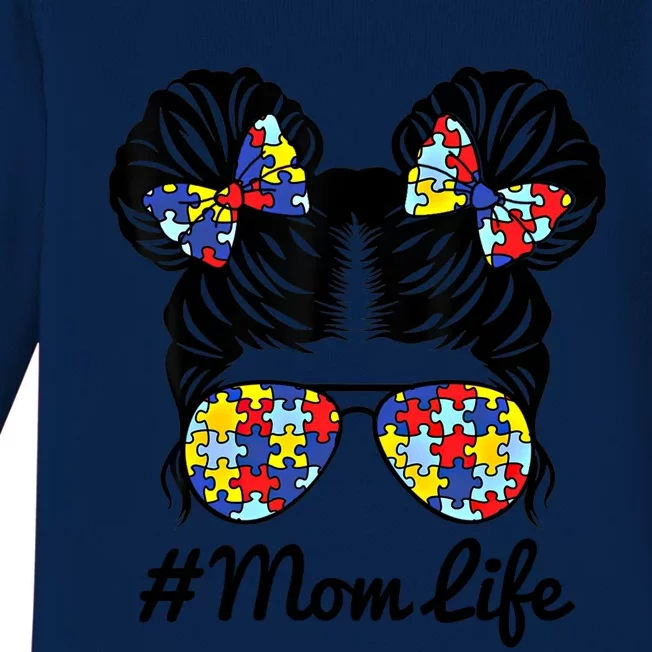 Mom Life Messy Bun Hair Puzzle Pieces Autism Awareness Gift Baby Long Sleeve Bodysuit