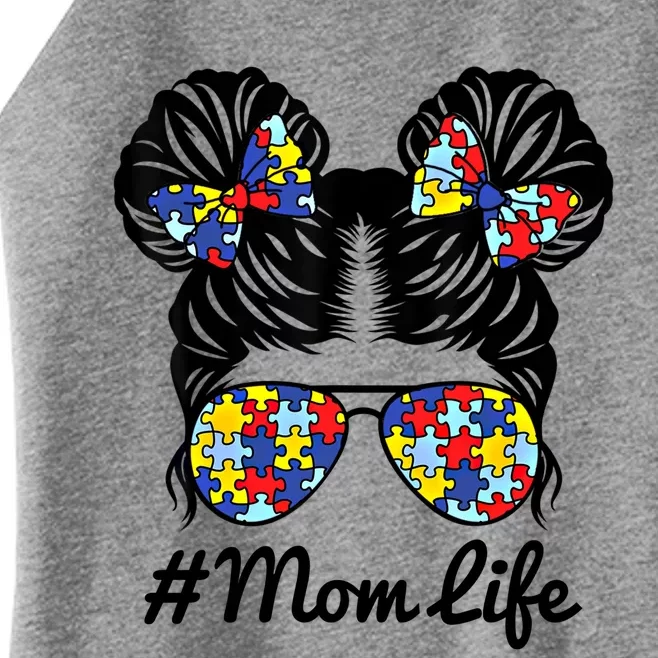 Mom Life Messy Bun Hair Puzzle Pieces Autism Awareness Gift Women’s Perfect Tri Rocker Tank