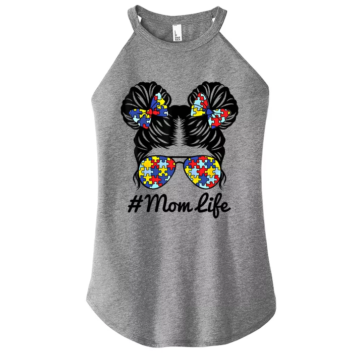 Mom Life Messy Bun Hair Puzzle Pieces Autism Awareness Gift Women’s Perfect Tri Rocker Tank