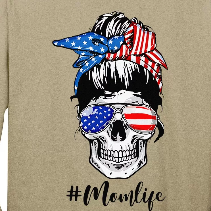 Mom Life Messy Bun Sugar Skull American Flag 4th Of July Tall Long Sleeve T-Shirt