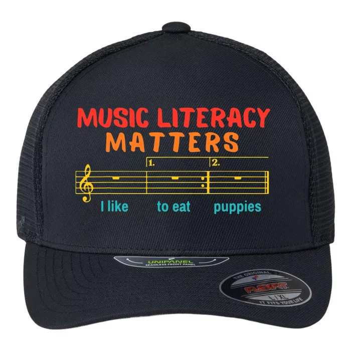 Music Literacy Matters I Like To Eat Puppies Funny Flexfit Unipanel Trucker Cap