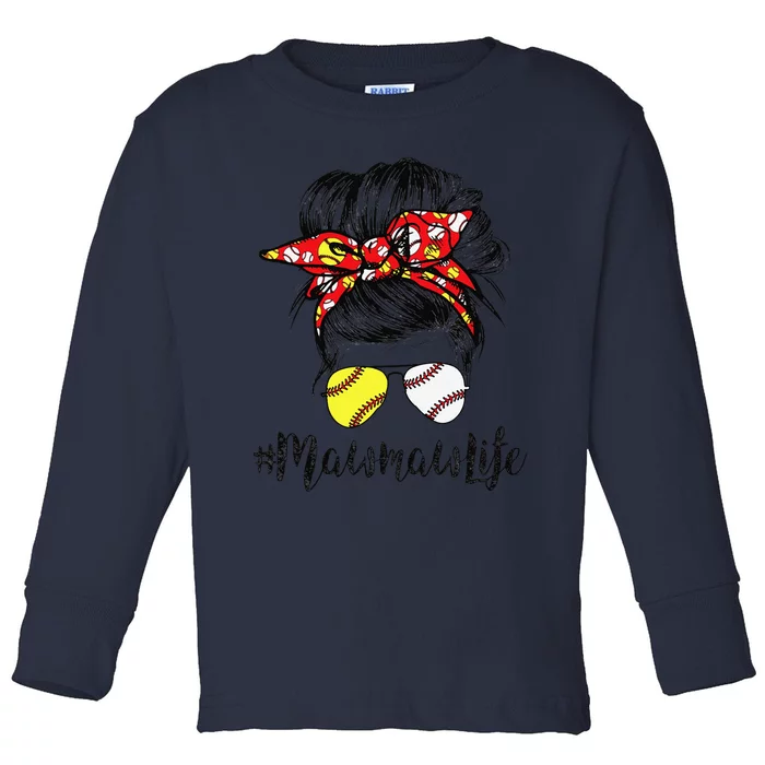 Mawmaw Life Messy Bun Hair Softball Baseball Mother's Day Toddler Long Sleeve Shirt