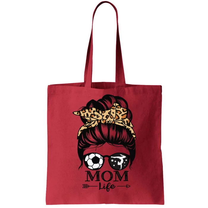 Mom Life Messy Bun Hair Funny Soccer Gymnastics Mom Tote Bag