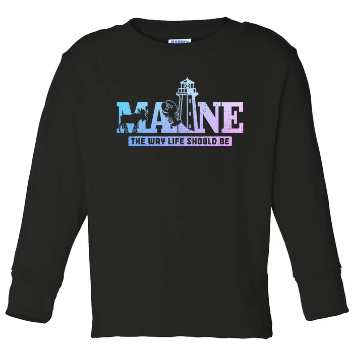 Maine Lighthouse Moose Lobster Pride Vintage Souvenir Toddler Long Sleeve Shirt