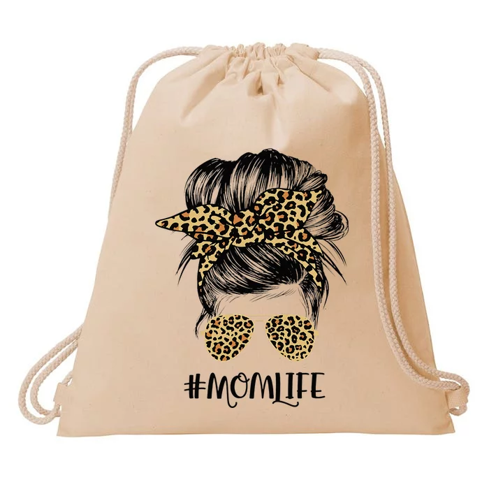 Mom Life Messy Hair Bun Leopard  Mother's Day Drawstring Bag