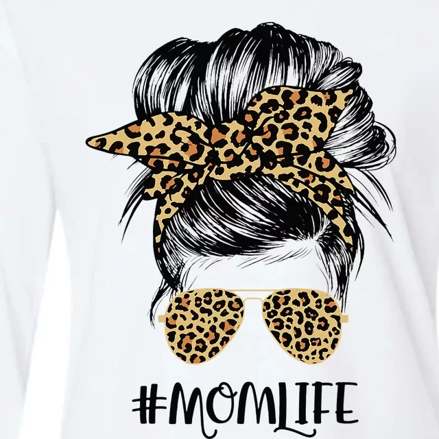 Mom Life Messy Hair Bun Leopard  Mother's Day Womens Cotton Relaxed Long Sleeve T-Shirt