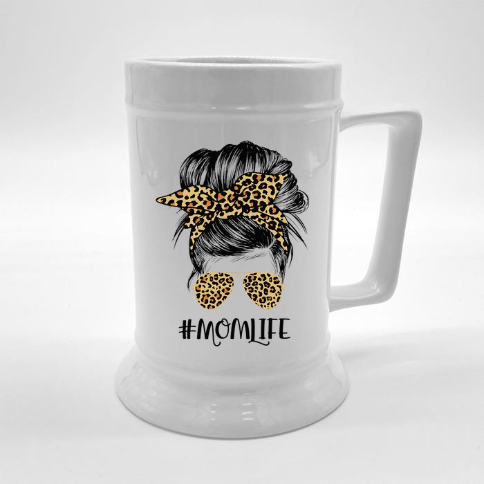 Mom Life Messy Hair Bun Leopard  Mother's Day Front & Back Beer Stein