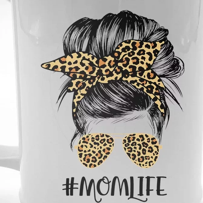 Mom Life Messy Hair Bun Leopard  Mother's Day Front & Back Beer Stein