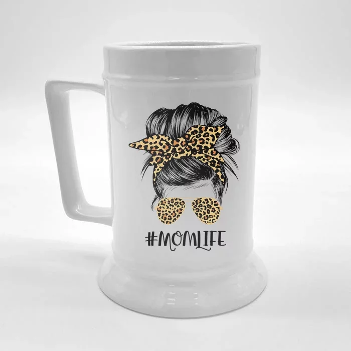 Mom Life Messy Hair Bun Leopard  Mother's Day Front & Back Beer Stein