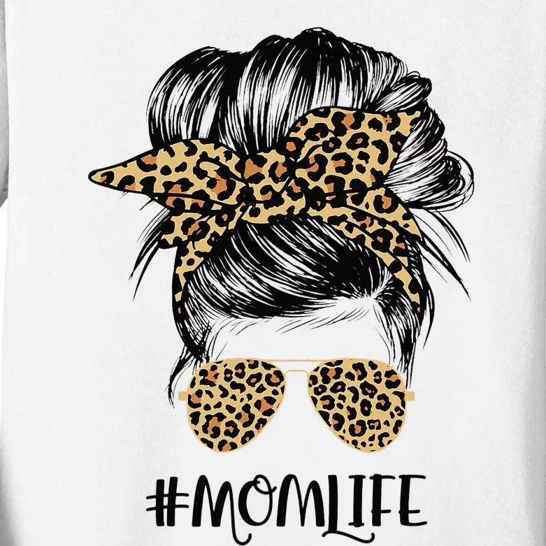 Mom Life Messy Hair Bun Leopard  Mother's Day Kids Long Sleeve Shirt