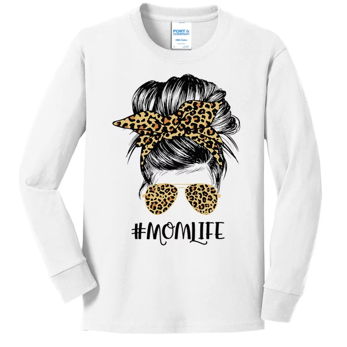 Mom Life Messy Hair Bun Leopard  Mother's Day Kids Long Sleeve Shirt